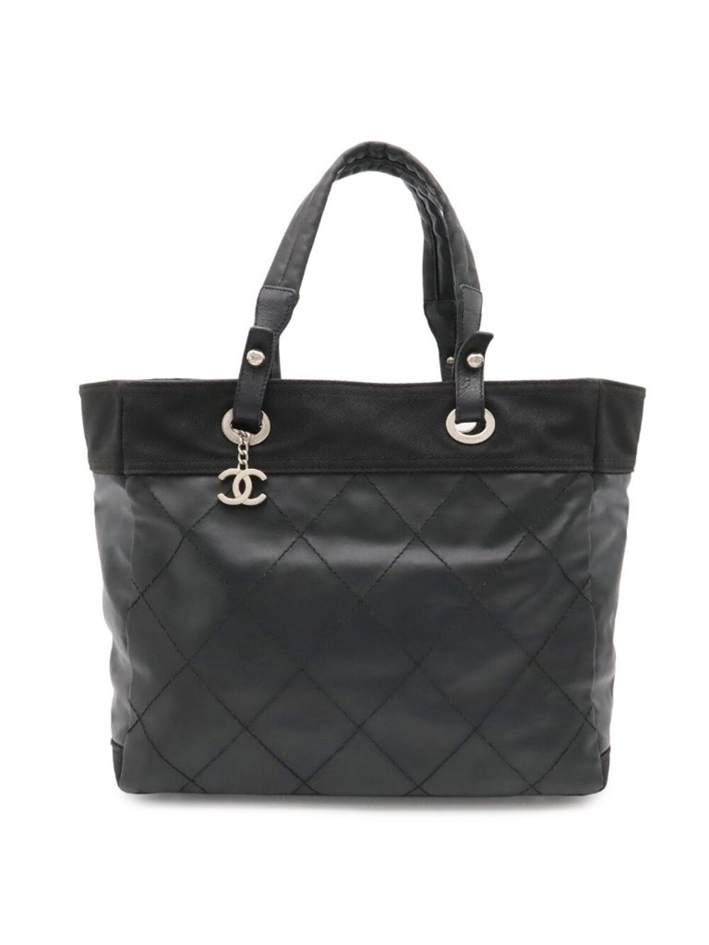 Chanel Paris Biarritz Tote MM Shoulder Bag Black Silver